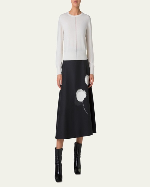 Windflower-Print Cotton Silk A-Line Midi Skirt