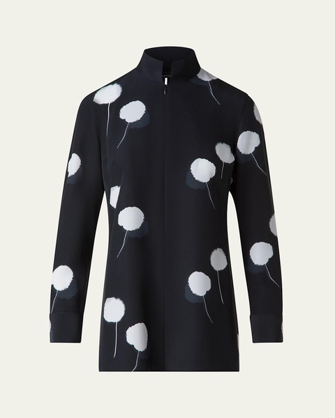 Windflower Print Silk Crepe Tunic Blouse