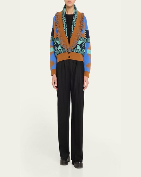 Icon Jacquard Fringe Wool Cashmere Bomber Cardigan