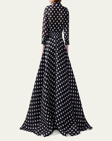 Polka-Dot Silk 3/4-Sleeve Trench Gown