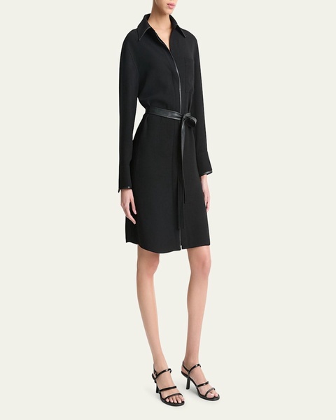 Leather-Trim Belted Knee-Length Shirtdress
