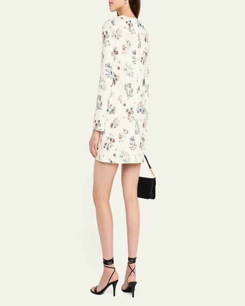Floral-Print Long-Sleeve Silk Wool Mini Dress