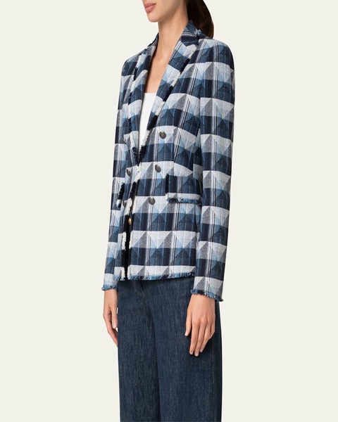 Rhombus Jacquard Denim Blazer with Double Breast Illusion