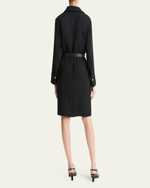 Leather-Trim Belted Knee-Length Shirtdress