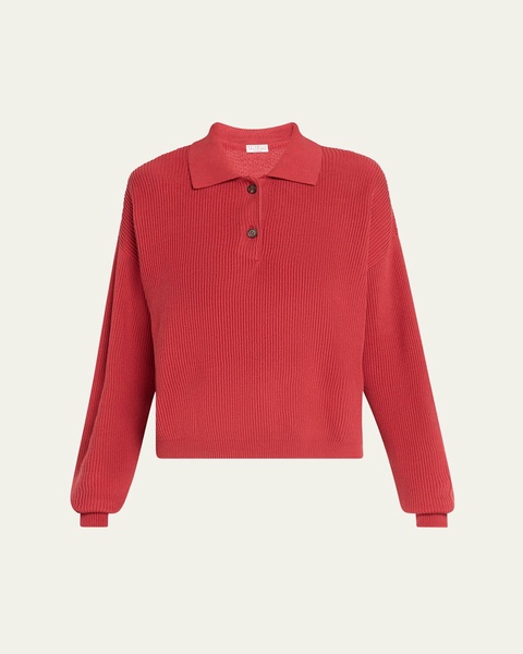 Cotton Rib-Knit Long-Sleeve Polo Sweater