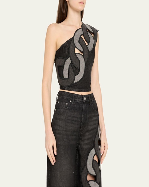 Chain Cutout One-Shoulder Denim Crop Top