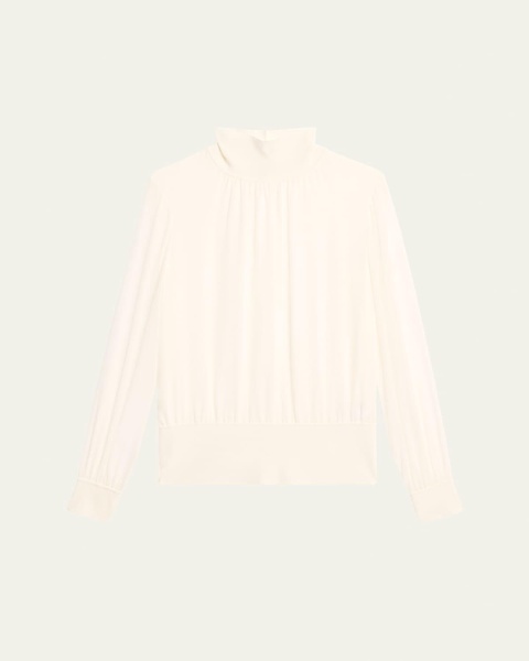 Turtleneck Blouson-Sleeve Silk Georgette Blouse