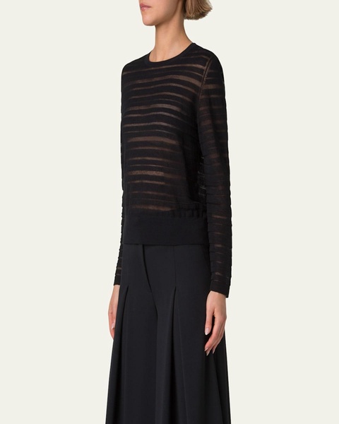 Sheer Stripe Knit Crewneck Sweater