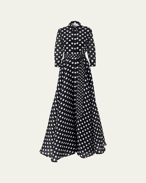 Polka-Dot Silk 3/4-Sleeve Trench Gown