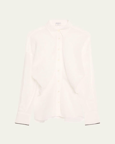 Monili-Cuff Cotton Twill Gauze Slim Blouse