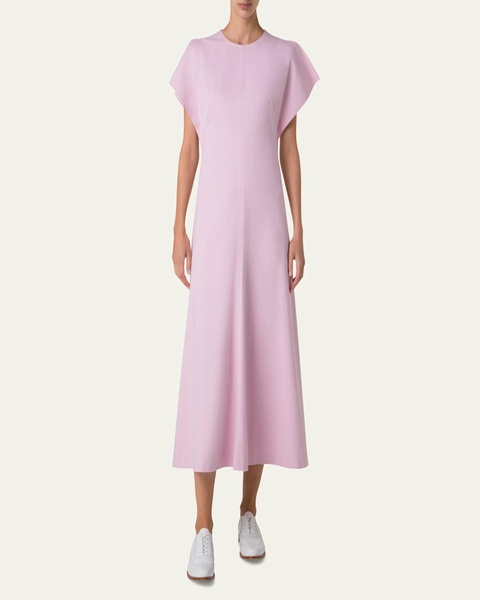 Slit-Sleeve Denim Stretch A-Line Midi Dress