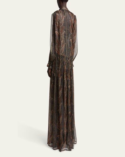 Paisley Sheer Smocked Tie-Neck Gown