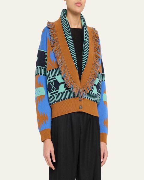 Icon Jacquard Fringe Wool Cashmere Bomber Cardigan