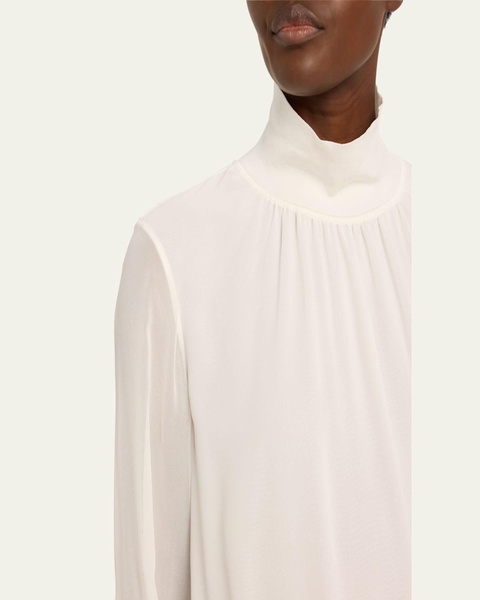 Turtleneck Blouson-Sleeve Silk Georgette Blouse