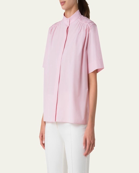 Gathered-Shoulder Cotton Poplin Button-Down Blouse