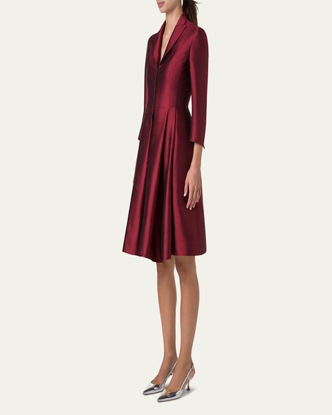 Dupion Three-Quarter Sleeve Pleated Cocktail Dress