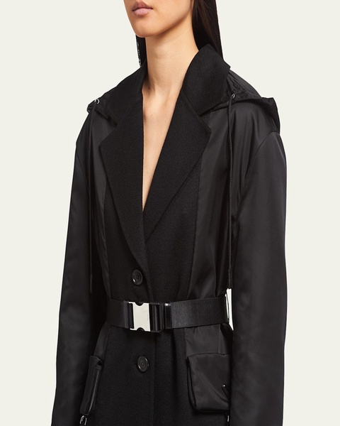 Mixed-Media Hooded Cashmere Coat