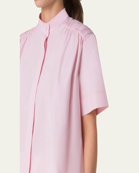 Gathered-Shoulder Cotton Poplin Button-Down Blouse