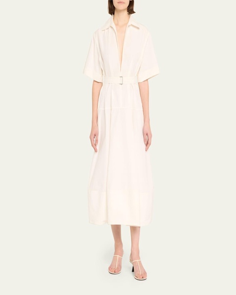 Deanna Belted Poplin Short-Sleeve Midi Shirtdress