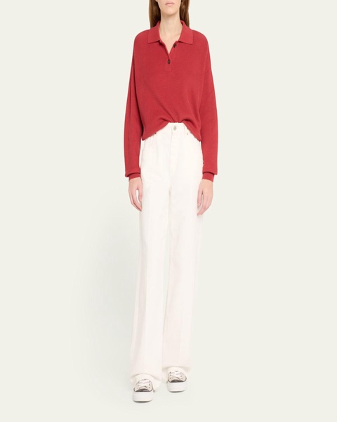 Cotton Rib-Knit Long-Sleeve Polo Sweater