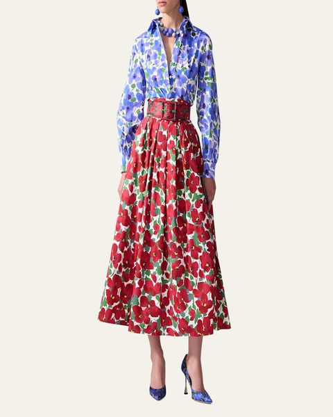 Floral Pleated Cummerbund Midi Skirt