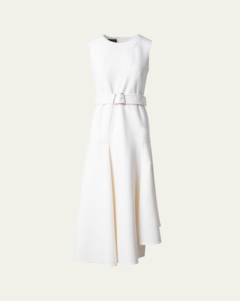 Asymmetric Pleated Wool Midi Dress with Belt