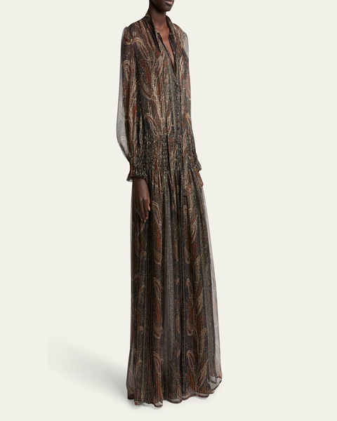 Paisley Sheer Smocked Tie-Neck Gown