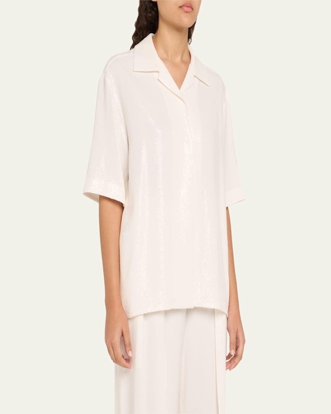 Sequined Short Sleeve Button Up Top