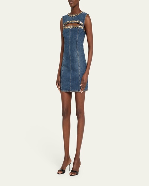 Crystal Button Studded Slit Denim Mini Dress