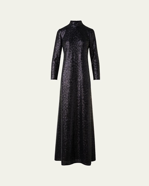 Sequined Jersey High-Neck Long Sleeve Gown
