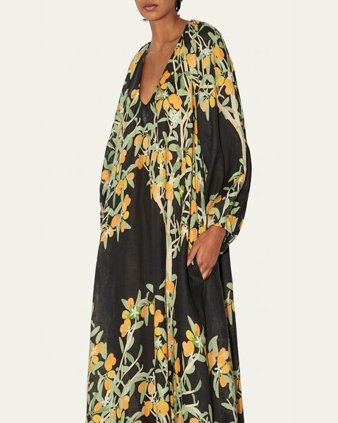 Flower Printed Linen Maxi Dress