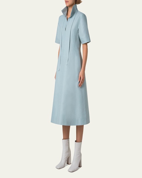 Collared Short-Sleeve Cotton Poplin A-Line Midi Shirtdress