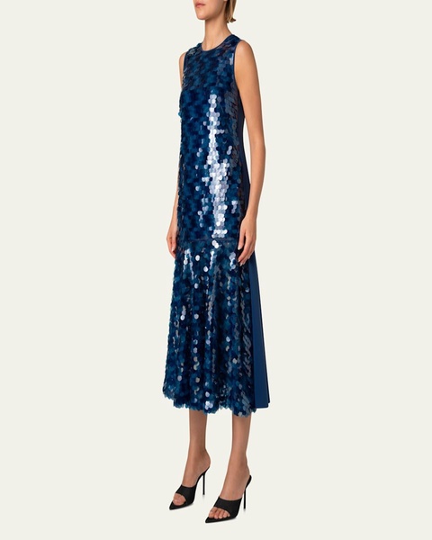 Mix-Media Dot Sequined Flounce Midi Dress