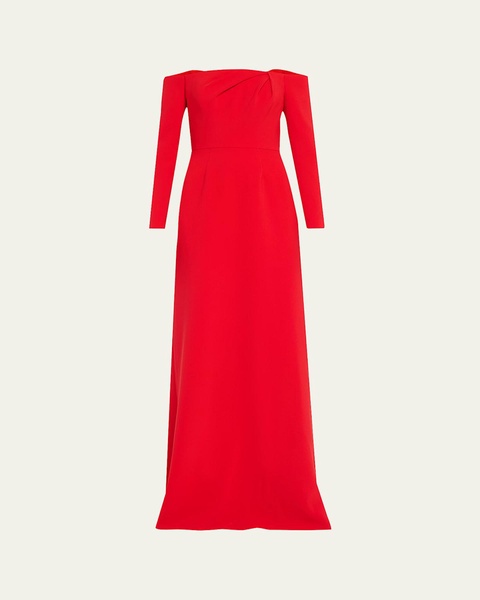 Draped Long-Sleeve Off-The-Shoulder Trumpet Gown