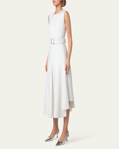 Asymmetric Pleated Wool Midi Dress with Belt