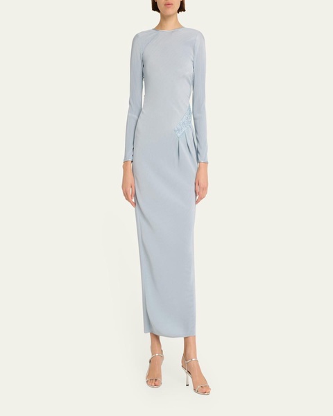 Plisse Jersey Gown with Beaded Hip Detail