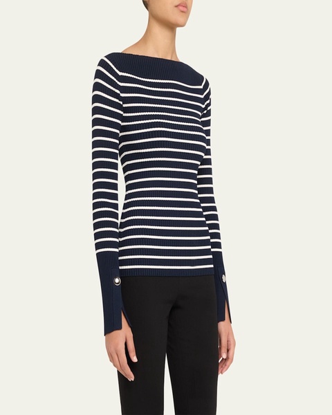 Anya Ribbed Stripe Boat-Neck Top