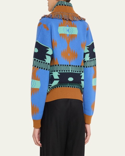 Icon Jacquard Fringe Wool Cashmere Bomber Cardigan