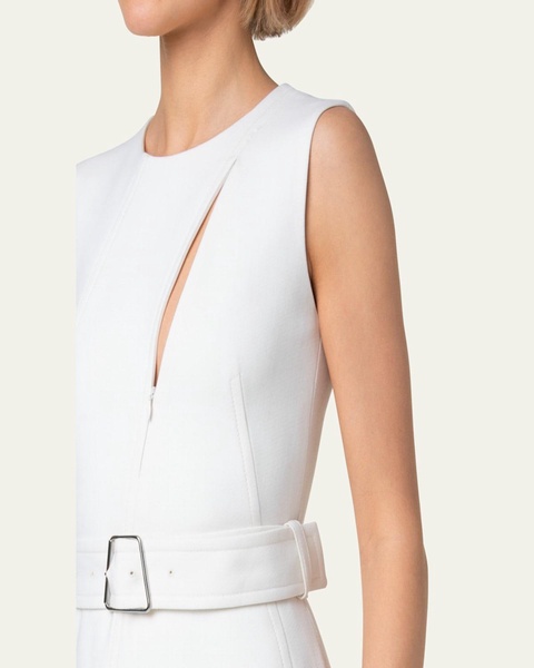 Asymmetric Pleated Wool Midi Dress with Belt