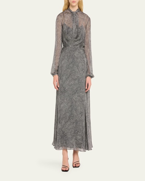 Drape Neck Printed Silk Jacquard Dress