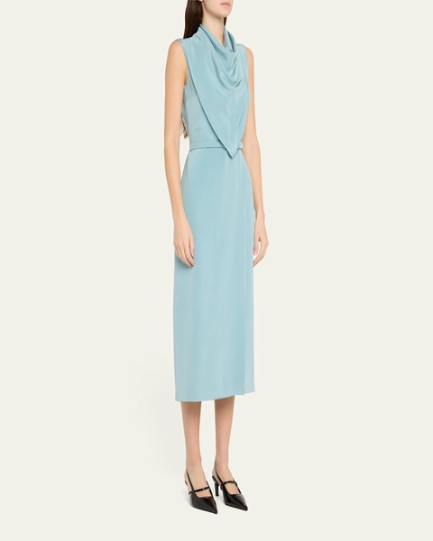 Scarf Drape Silk Crepe Midi Dress With Belt