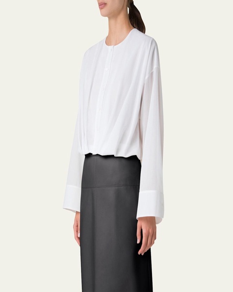 Pleated Button Down Cotton Voile Blouse