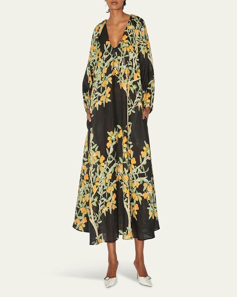 Flower Printed Linen Maxi Dress