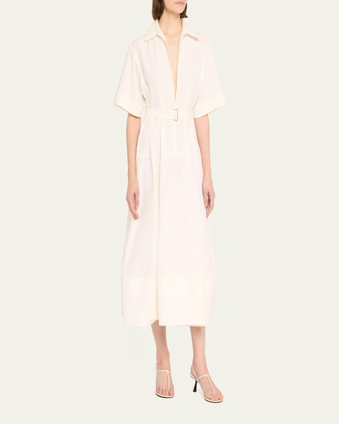 Deanna Belted Poplin Short-Sleeve Midi Shirtdress