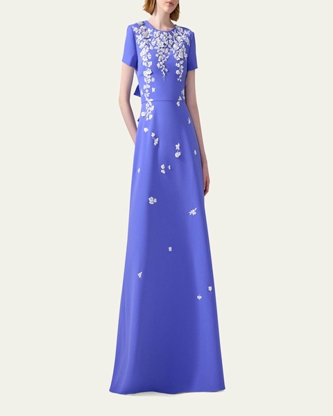 Bow-Embellished Embroidered Applique Gown