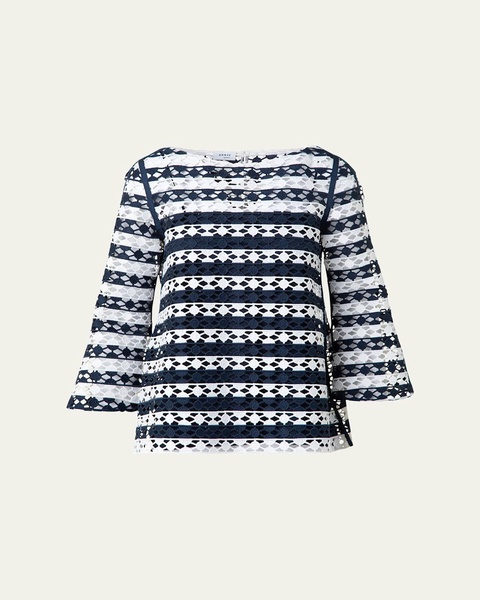 Kodak Striped Dot Guipure Trumpet-Sleeve Blouse