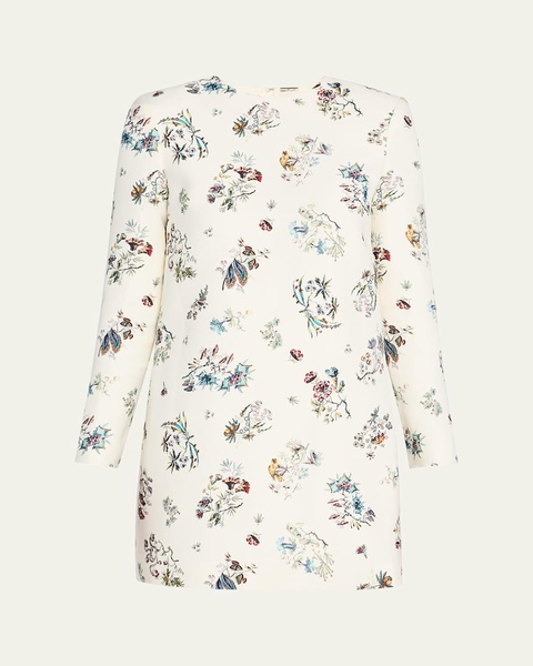 Floral-Print Long-Sleeve Silk Wool Mini Dress