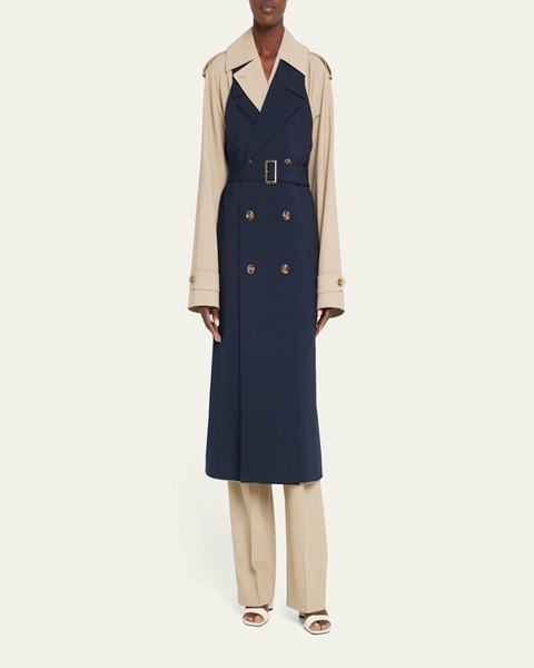 Bricolage Double-Breasted Bicolor Belted Trench Coat