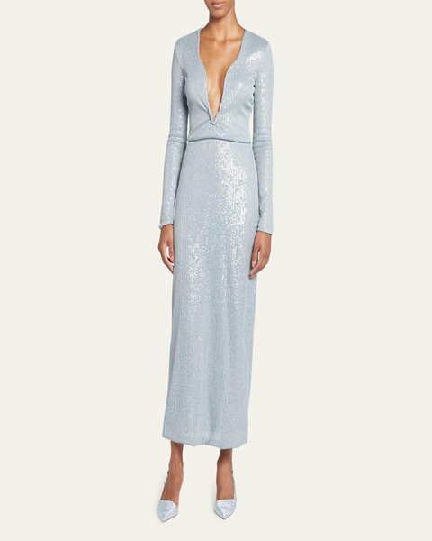 Plunging Sequined Knit Dress
