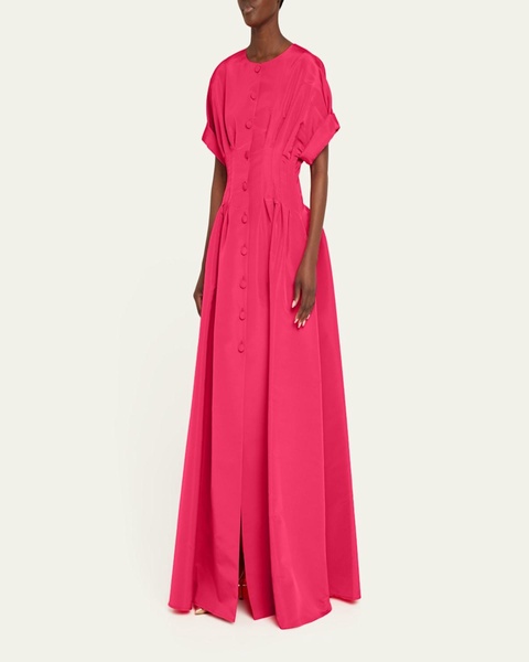 Corset-Waist Short-Sleeve Button-Front Gown